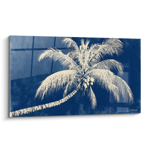 Tableau Palmier bleu indigo et blanc noix de coco groupées - Silhouette en négatif - Edition Palmier