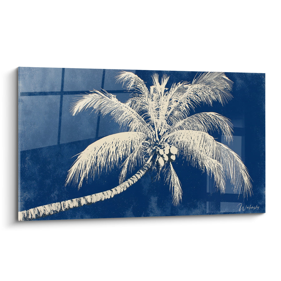 Tableau Palmier bleu indigo et blanc noix de coco groupées - Silhouette en négatif - Edition Palmier
