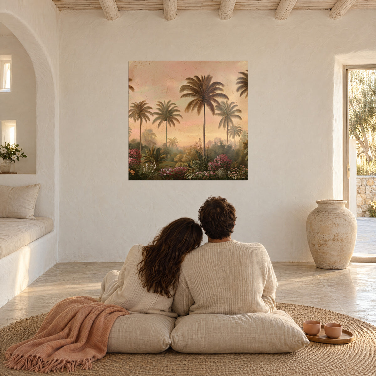 Cuadro jardín exótico de palmeras esbeltas, cielo crema y rosa, flores magenta en primer plano, frente a una pareja sentada de espaldas sobre cojines
