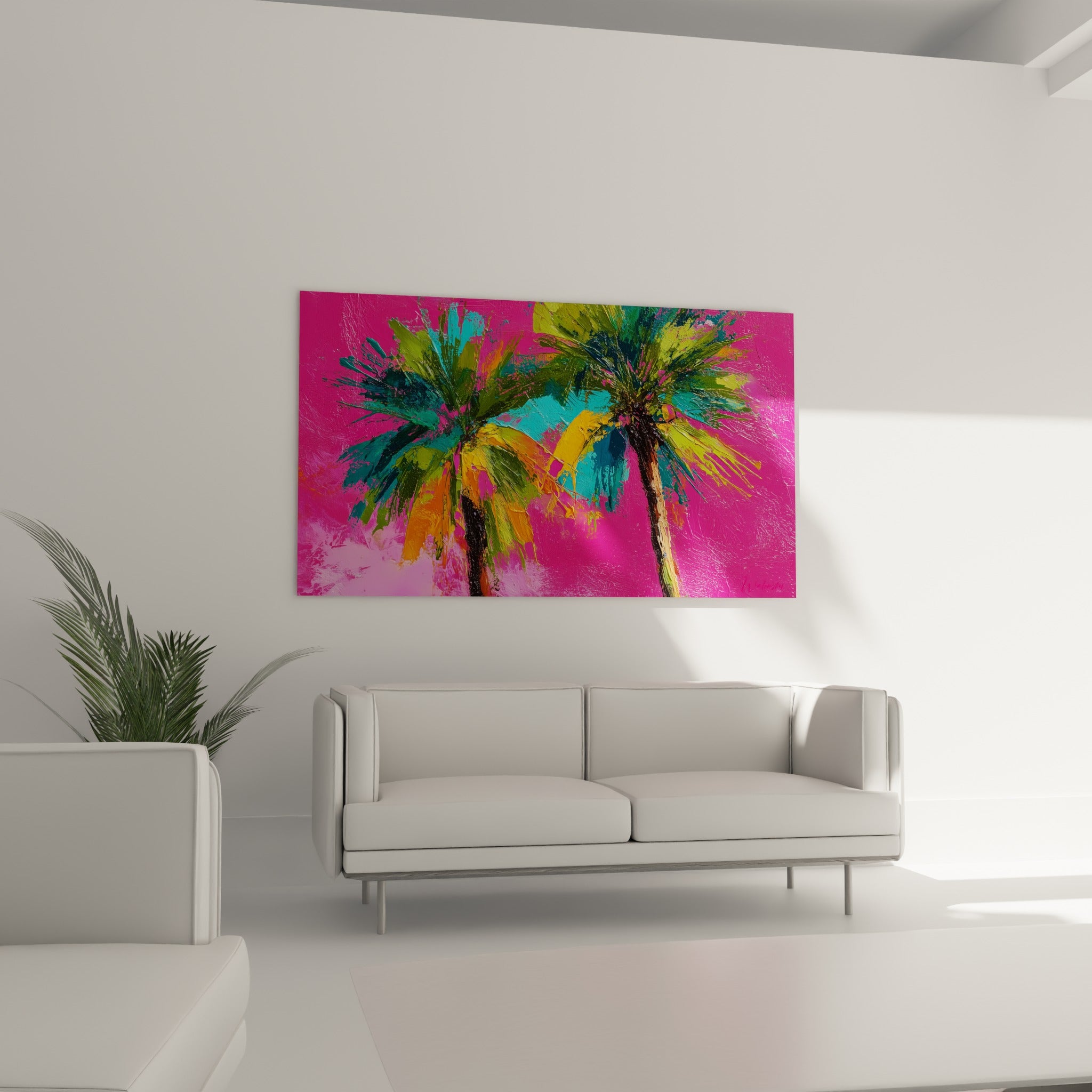 Deux palmiers verts et jaunes sur fond fuchsia, suspendus au-dessus d'un canapé dans un salon lumineux