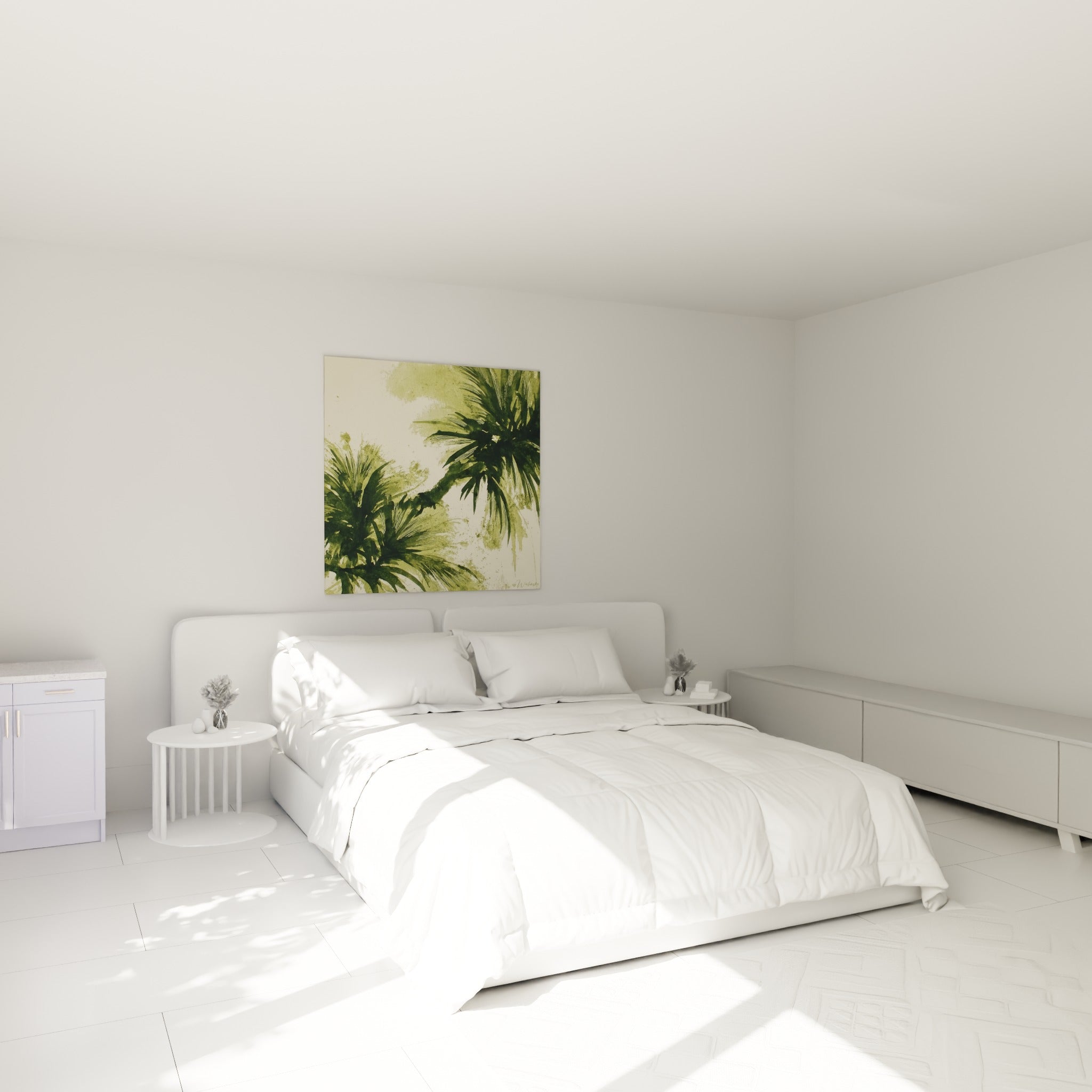 Palmes vertes et taches kaki d'aquarelle au-dessus d'un lit dans une chambre claire