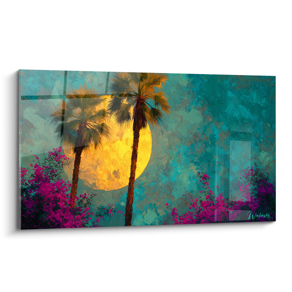 Tableau Palmiers turquoise et fuchsia devant lune dorée - Bougainvillées en fleurs - Edition Palmier