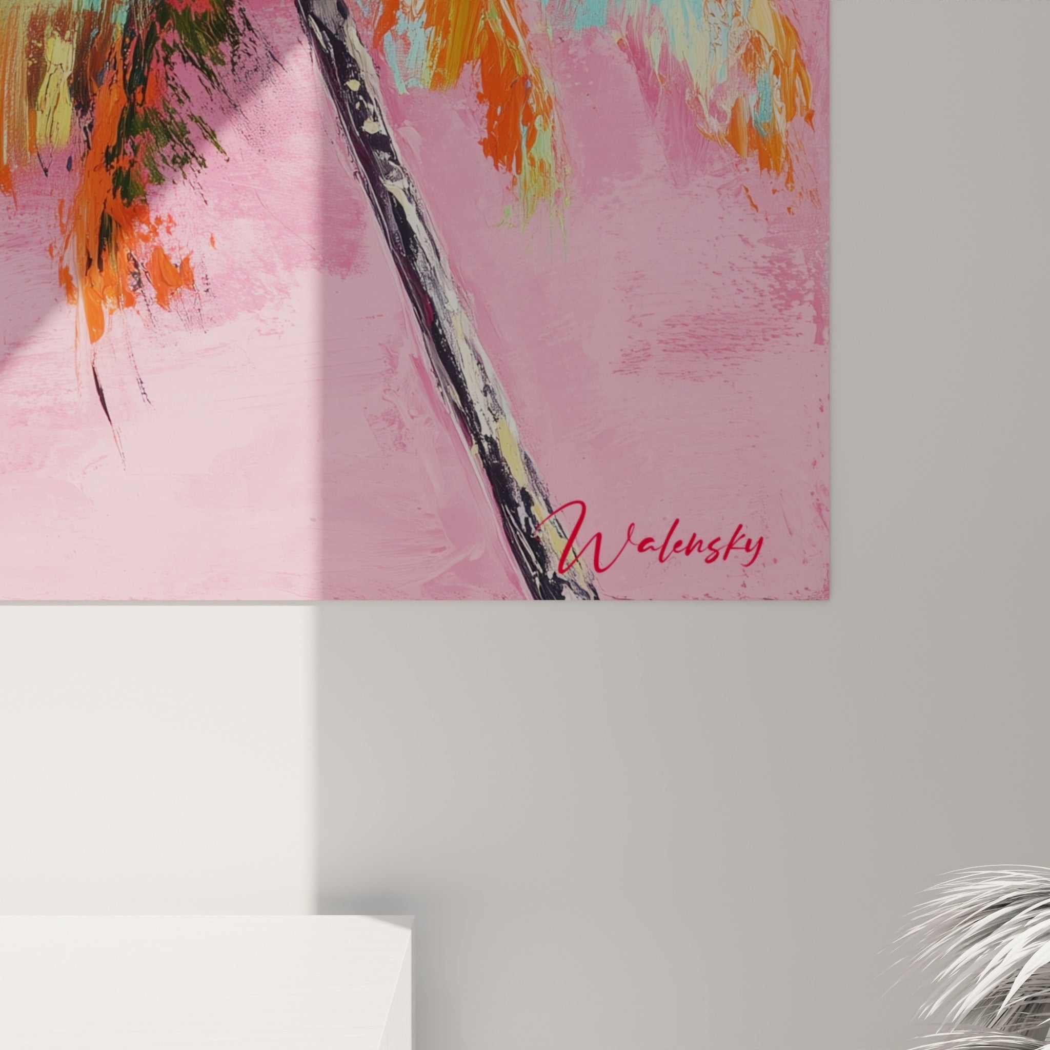 Empâtements colorés turquoise, corail et vert olive visibles en gros plan sur la toile rose