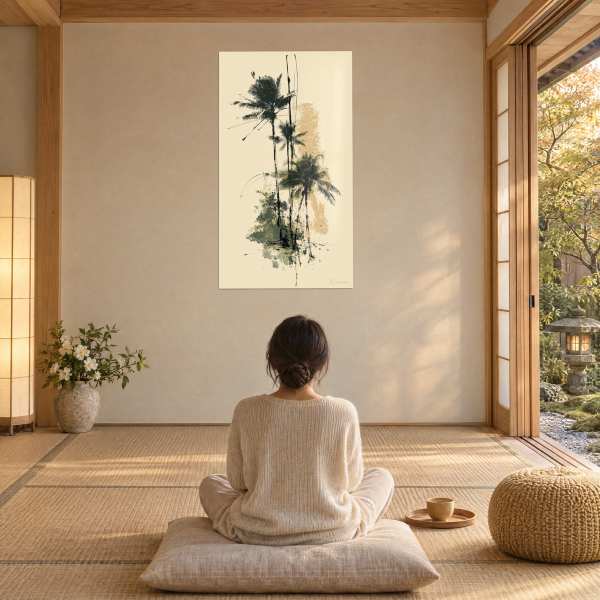 Tableau estampe de palmiers noir et vert olive sur beige crème, femme assise de dos en méditation sur un coussin, tatamis et pouf tressé