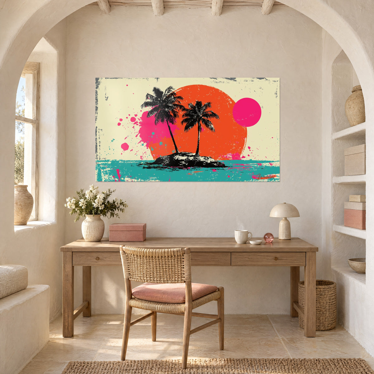 Wall art coconut palms in flat black on an orange circle, pink spots and flaking grey edges, hung above a light wood desk