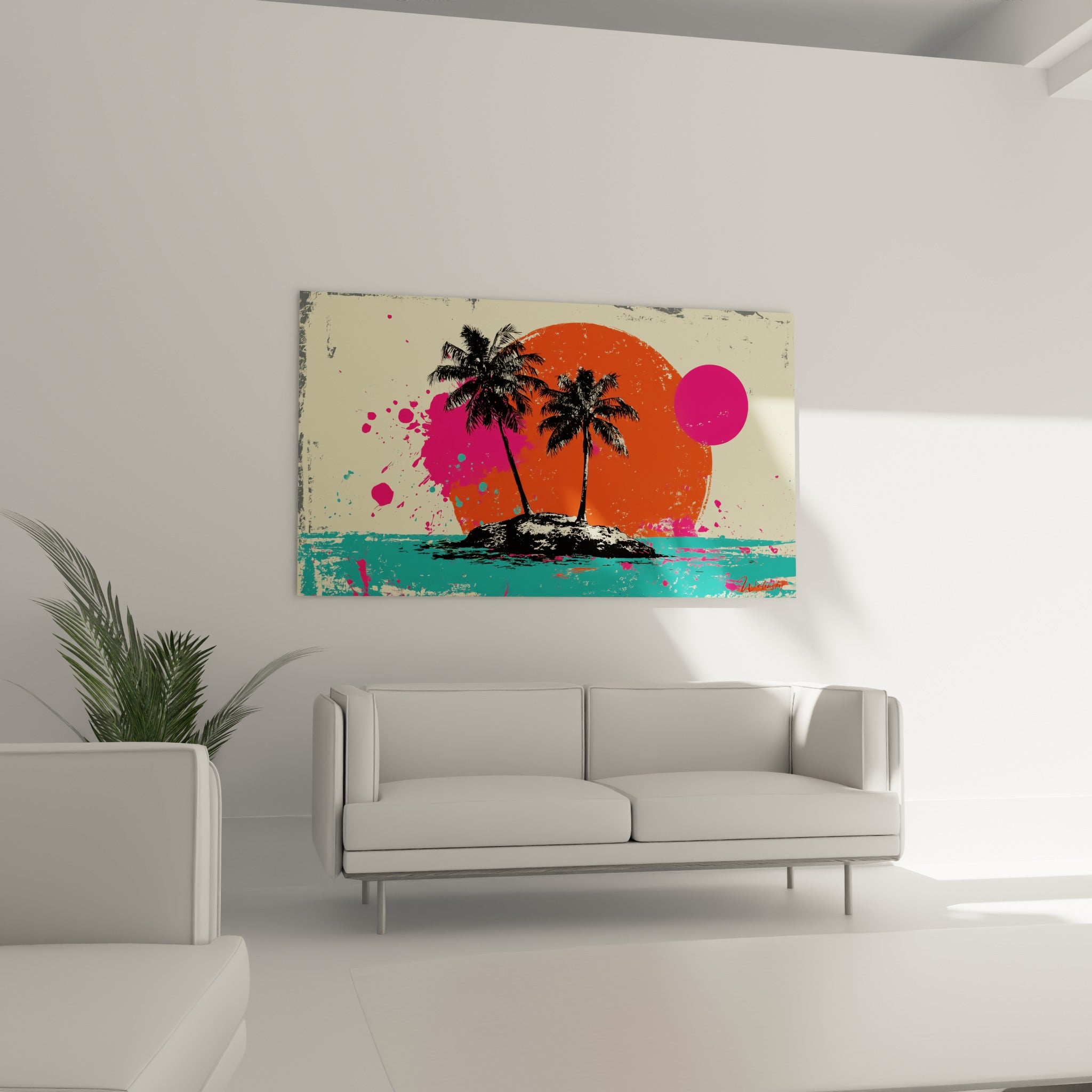 Silhouettes de palmiers et mer turquoise éclaboussée de rose accrochées au-dessus d'un canapé dans un salon lumineux