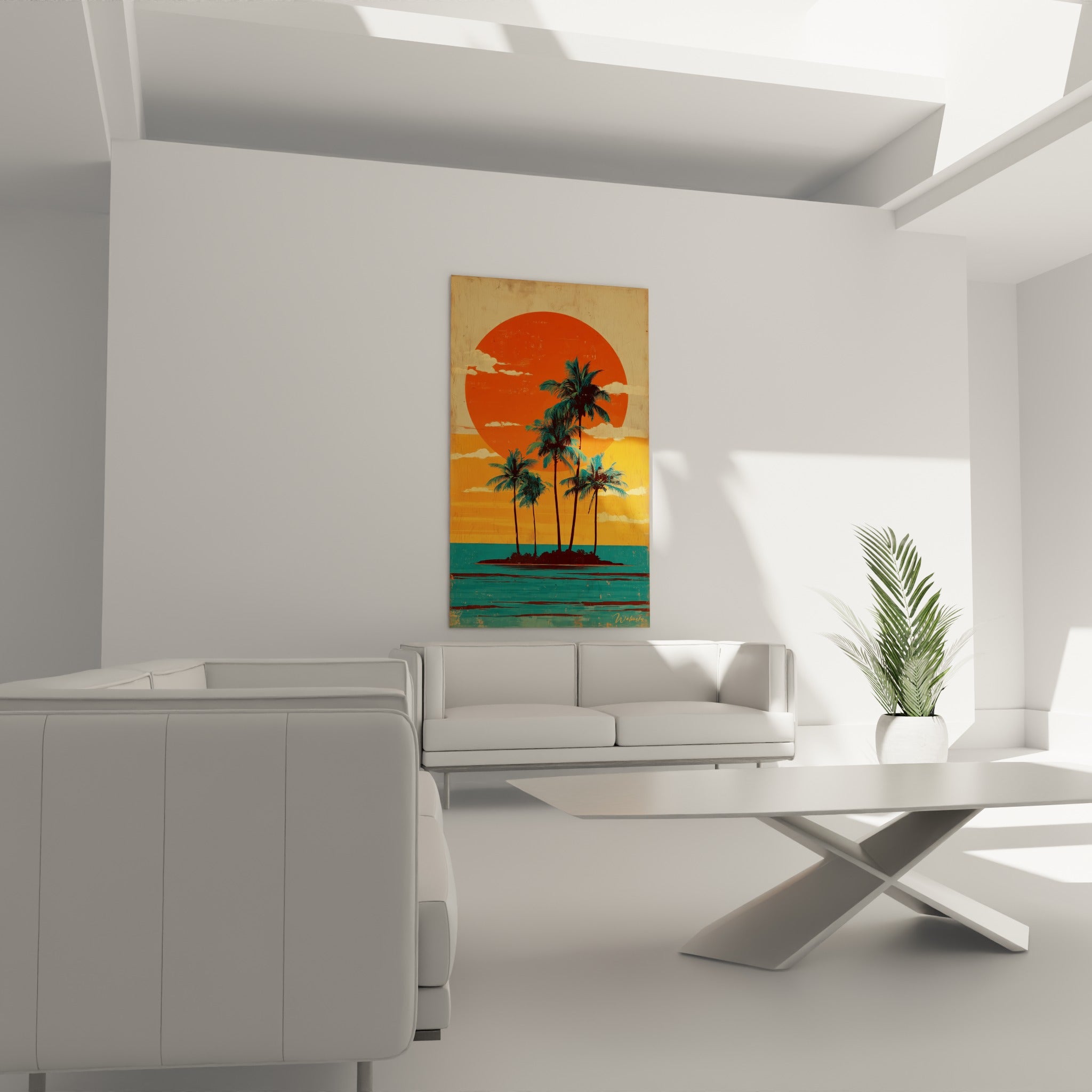 Cinq palmiers sombres sur mer turquoise disposés au-dessus d'un canapé dans un salon lumineux