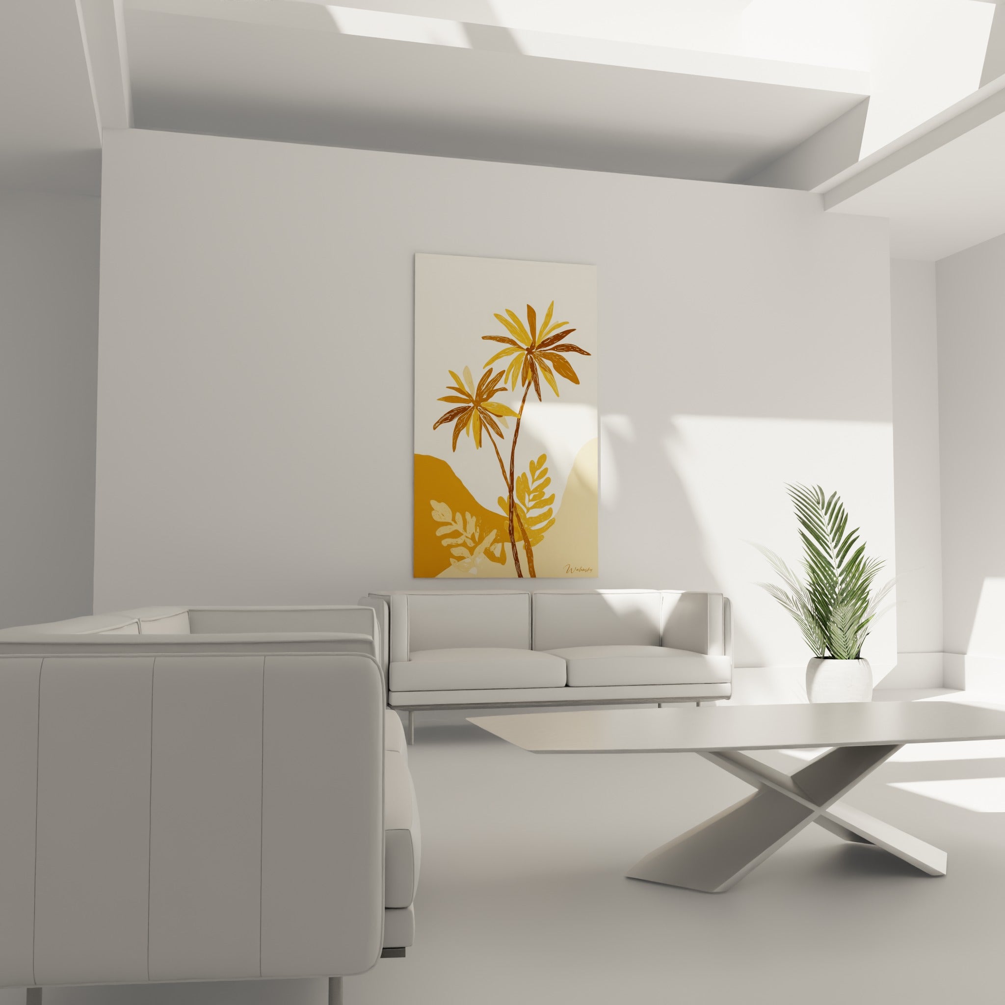 Palmiers ocre et dunes dorées stylisées suspendus au-dessus d'un canapé dans un salon lumineux