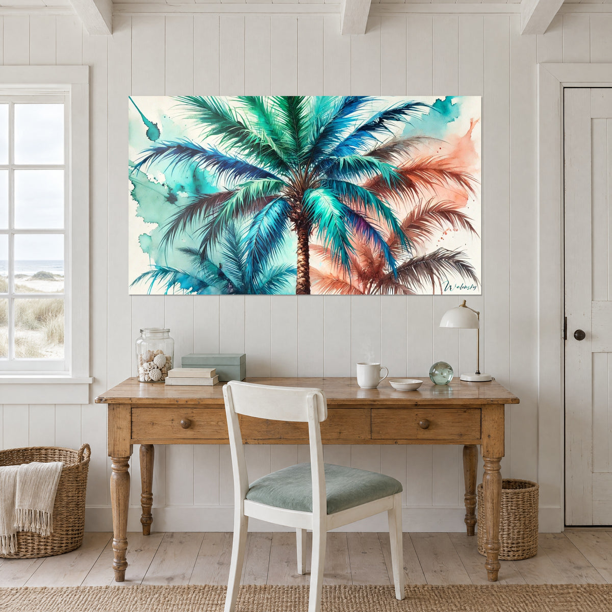 Schilderij exotische boom in jadegroene en terracotta lavering, schubbige stam in het midden, boven een houten bureau bij een raam