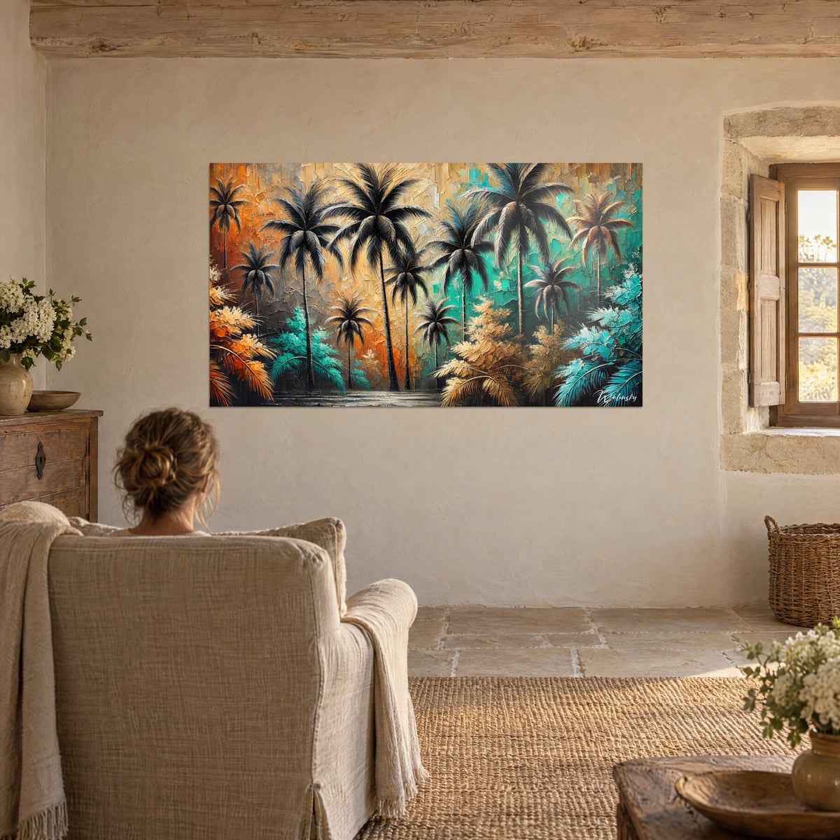 Obraz czarnej oazy palm z pomarańczowymi i turkusowymi refleksami, kontemplowany przez kobietę siedzącą tyłem w fotelu