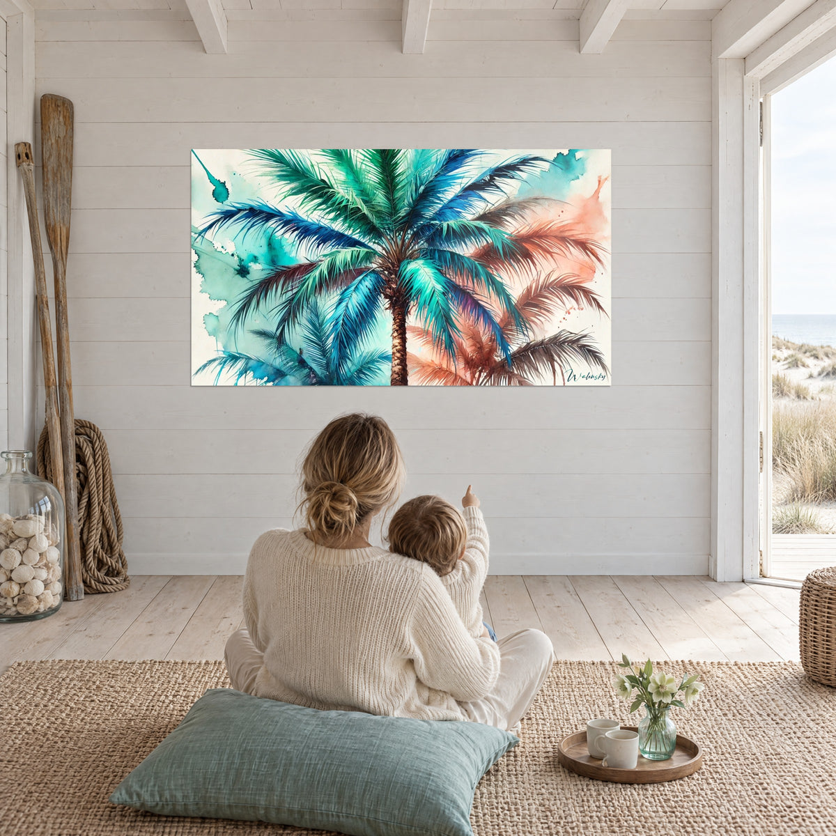 Schilderij palmboom met kobaltblauwe en mintgroene bladeren, koraalkleurige gloed rechts, voor een leeshoek op een biezen vloerkleed