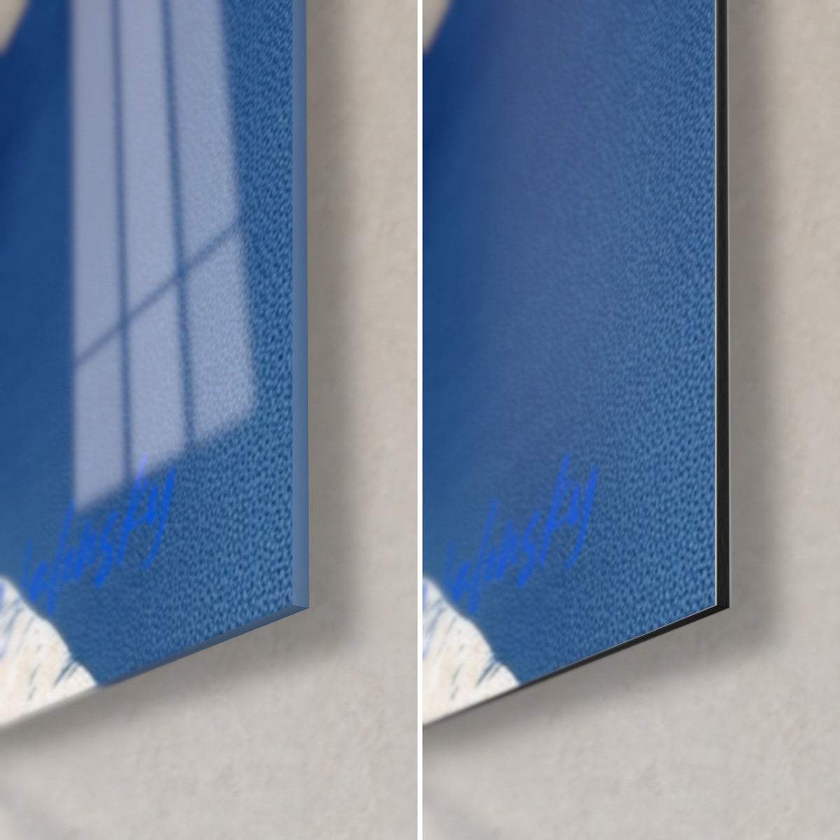 Wall art navy blue and white palm tree, bottom right corner: glossy acrylic glass with reflections, matte Dibond aluminium, 3 mm edge