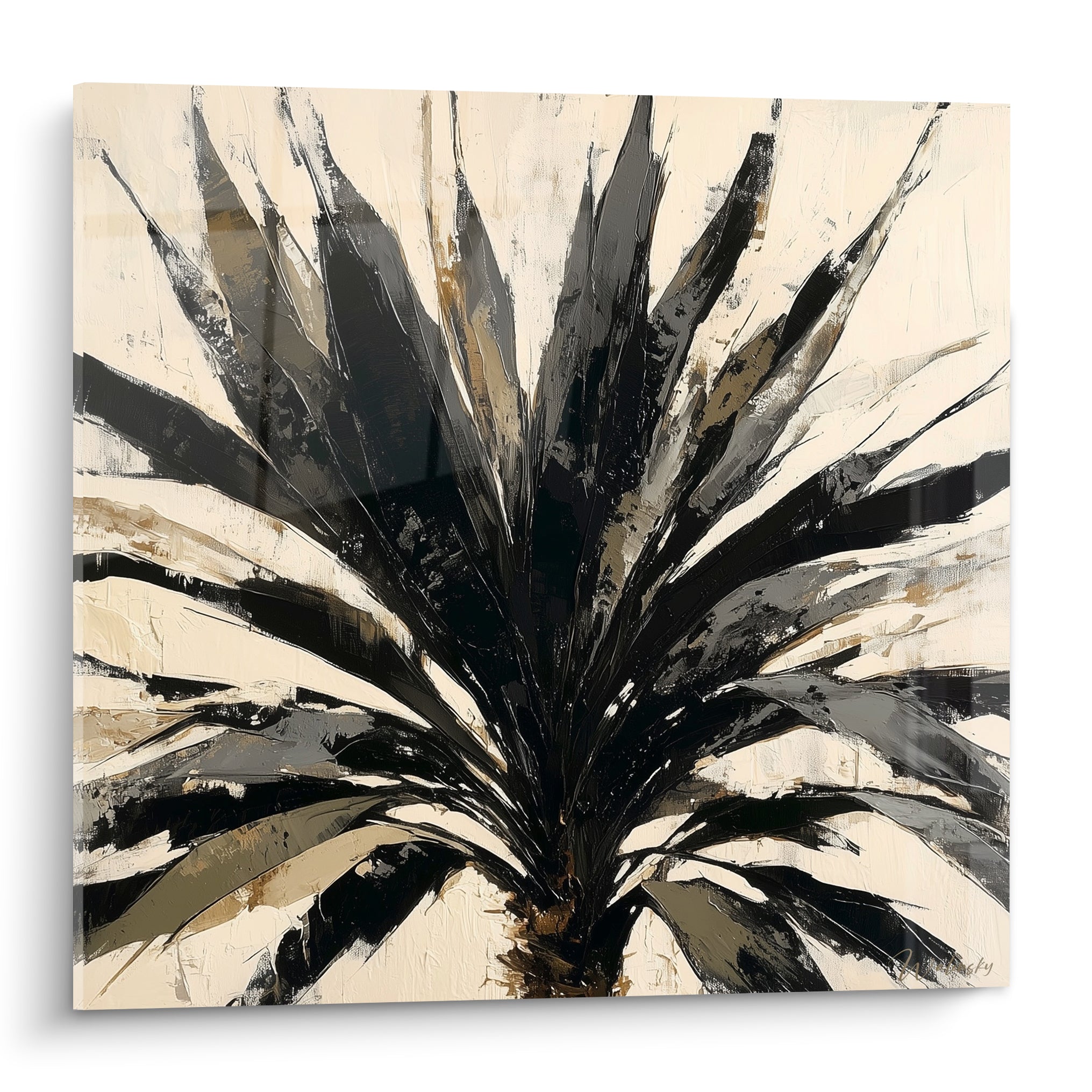 Palmier aux palmes noires et dorées jaillissant sur fond ivoire, style pictural expressif