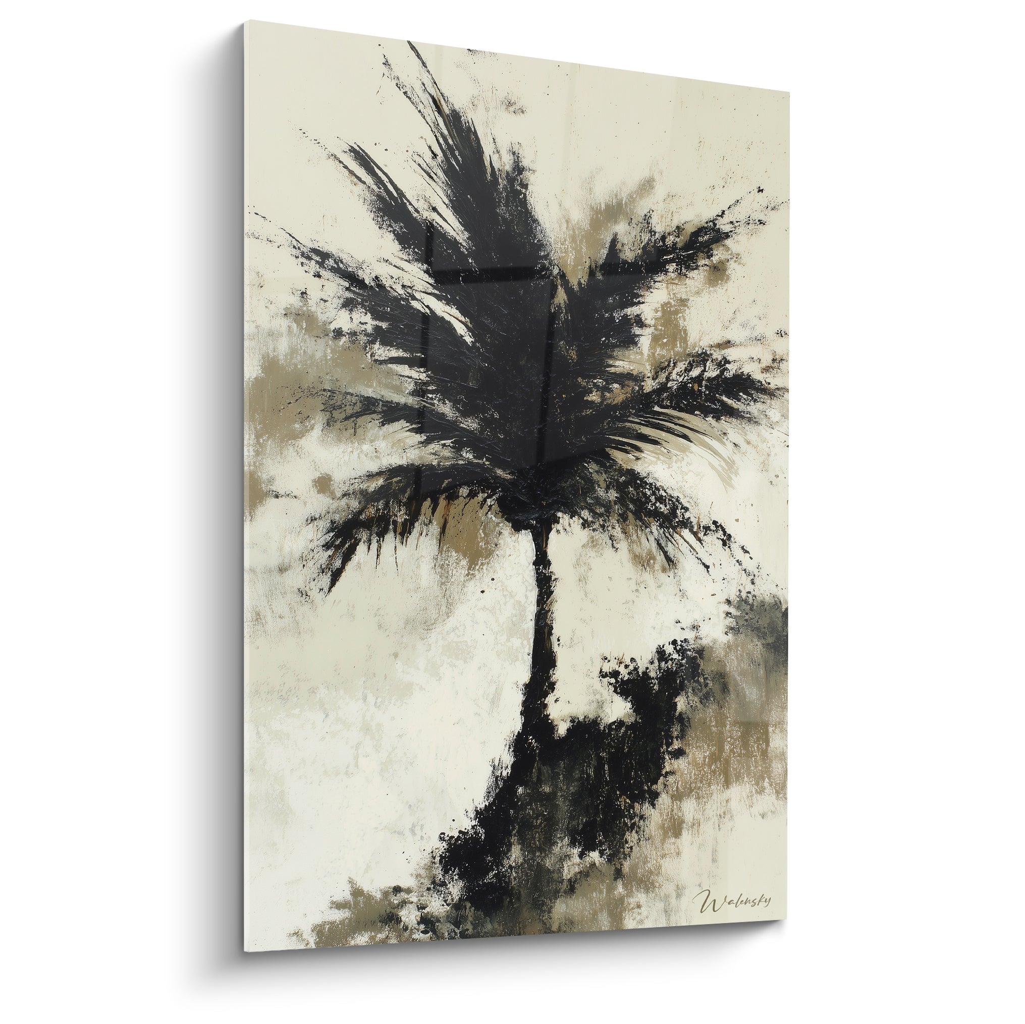 Palmier noir éclaboussé sur fond ivoire, style aquarelle abstraite et graphique