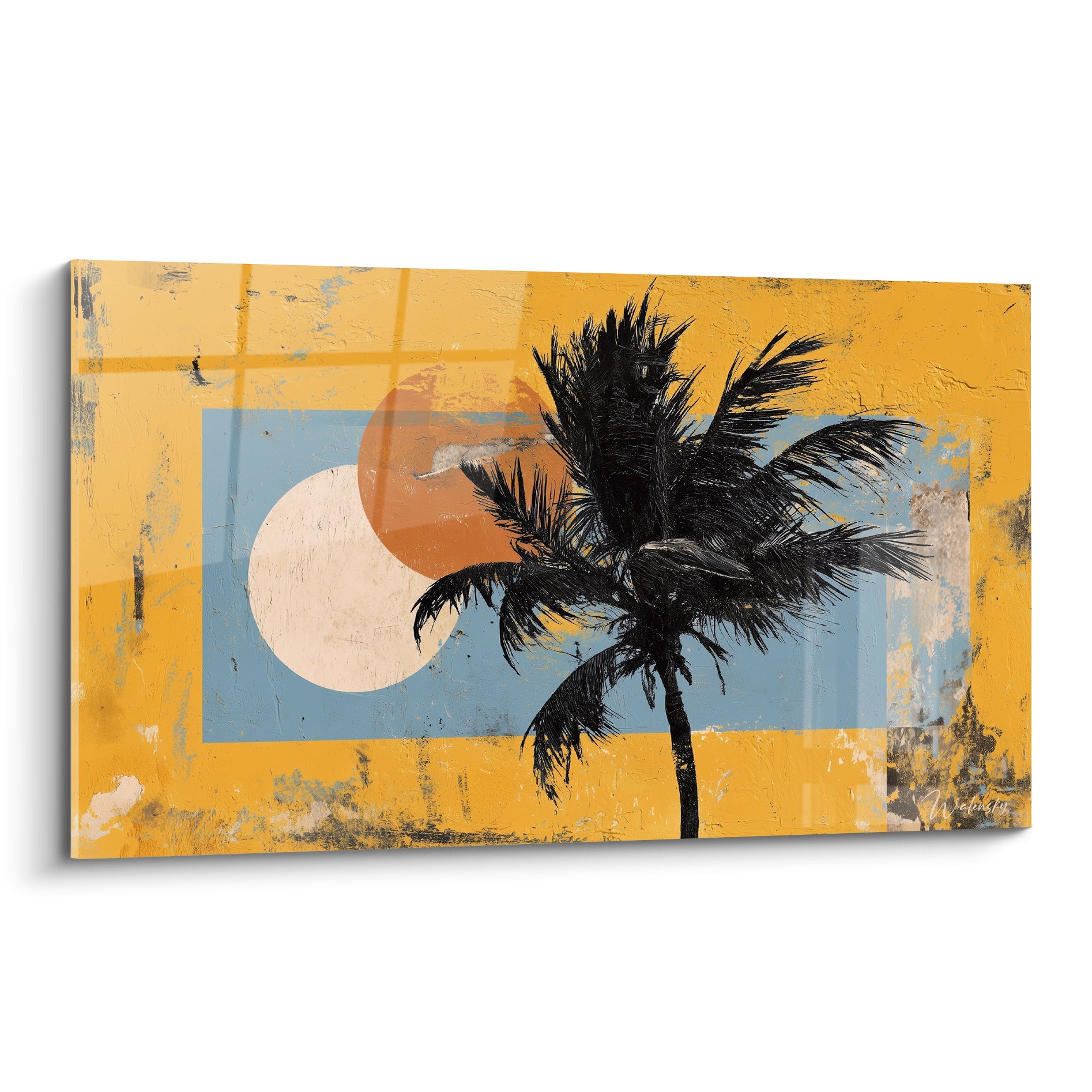 Palmier noir se déploie sur fond jaune moutarde et bleu pastel, style rétro affiche