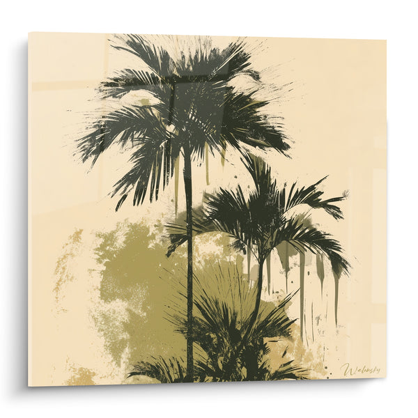Tableau Palmiers noirs et beige aux coulures d'encre - Éclaboussures verdâtres au sol - Edition Palmier
