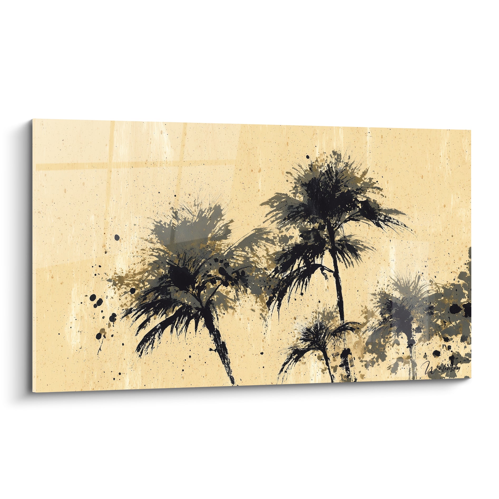 Palmiers noirs éclaboussés sur fond sable et ocre, silhouettes agitées par le vent, style encre expressive.