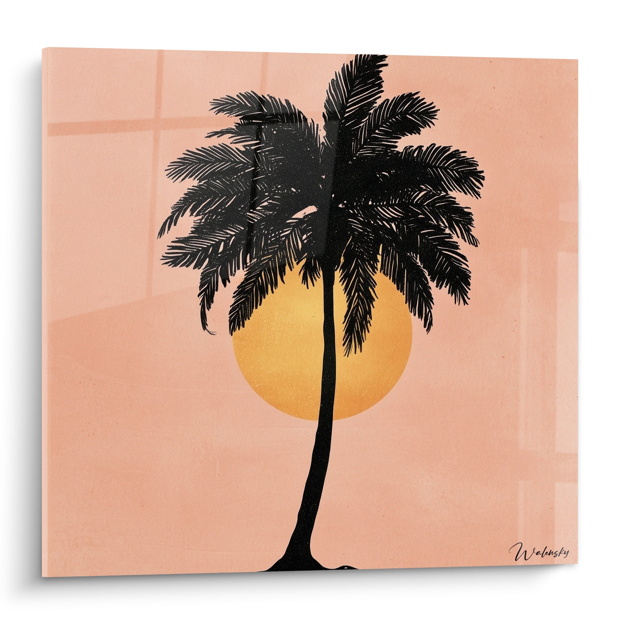 Palmier noir et soleil doré sur fond rose poudré, silhouette graphique tropicale épurée