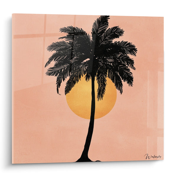 Tableau Palmier noir soleil doré fond rose - Soir tropical suspendu - Edition Palmier