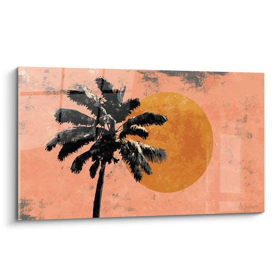 Palmier noir se dressant devant un soleil ocre intense sur fond corail texturé rétro