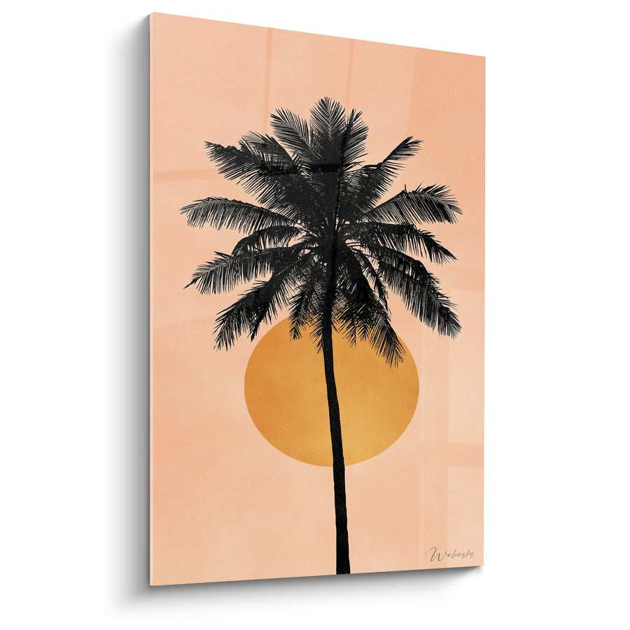 Tableau Palmier noir silhouette et disque orange rosé - Fond rose poudré uni - Edition Palmier