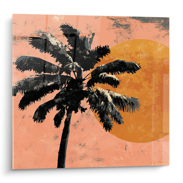 Tableau Palmier noir soleil ocre corail texturé - Silence tropical - Edition Palmier
