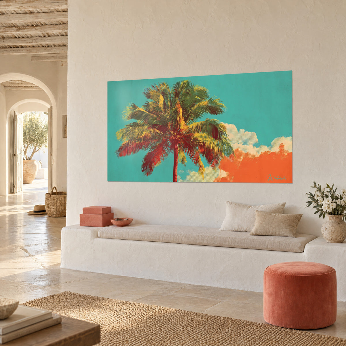 Wall art orange and turquoise coconut palm in vintage screen-print style, halftone clouds, hung in a Mediterranean home in three-quarter view