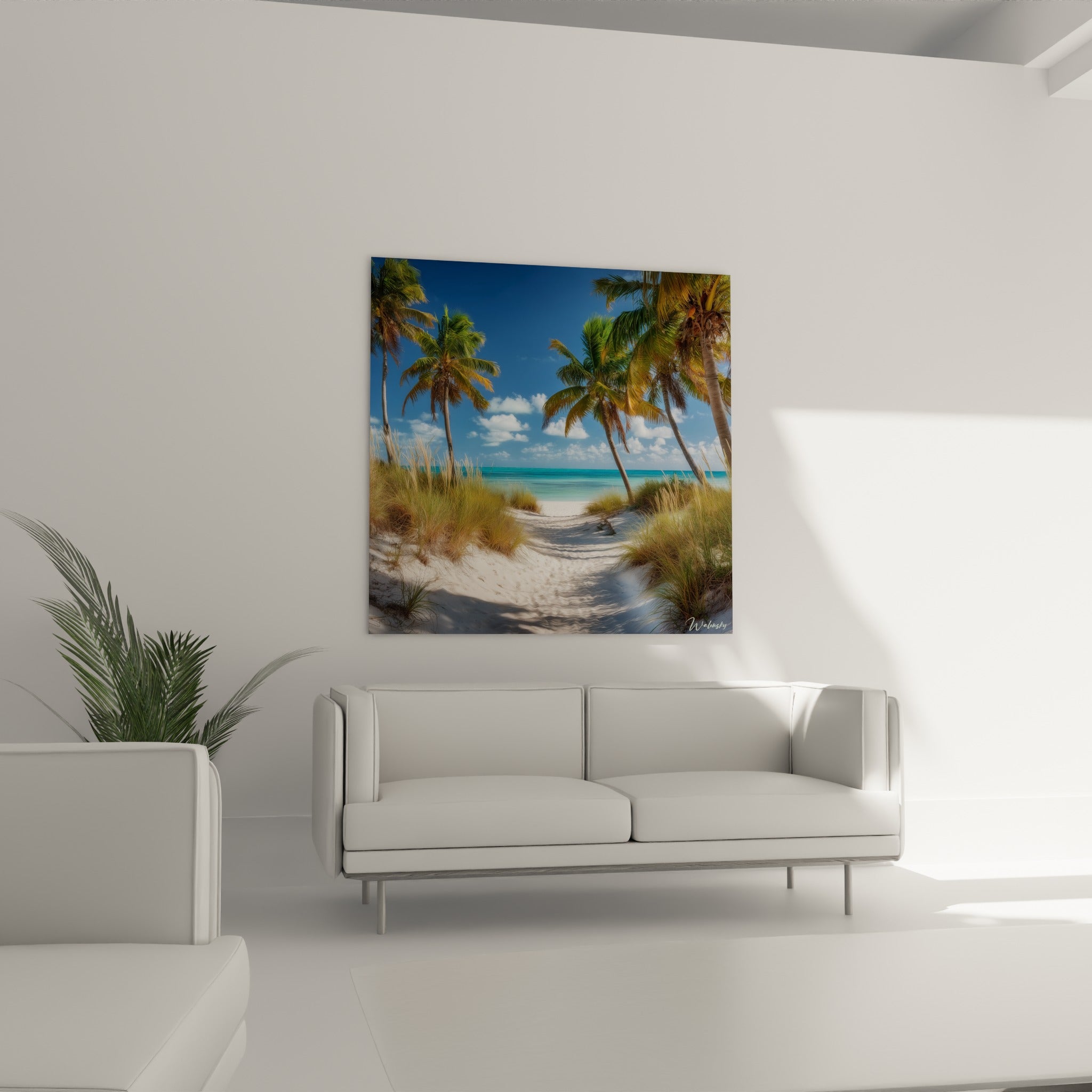 Sentier tropical entre dunes vertes et mer bleu turquoise placé au-dessus d'un canapé dans un salon lumineux