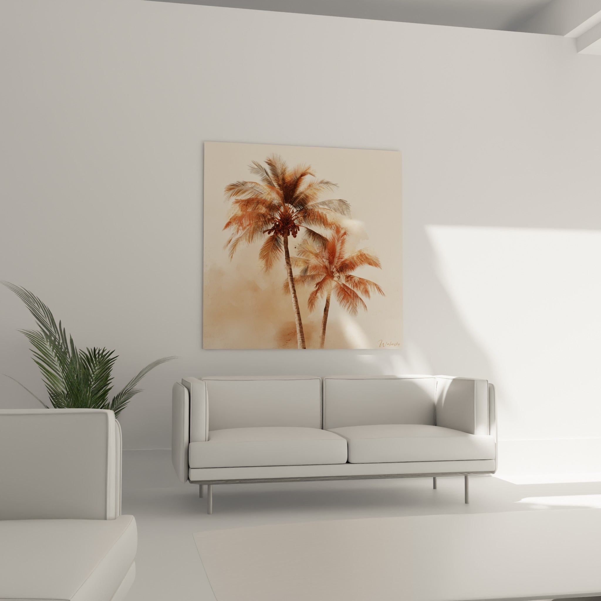 Silhouettes de palmiers ocre et anthracite peintes en douceur, au-dessus d'un canapé dans un salon lumineux