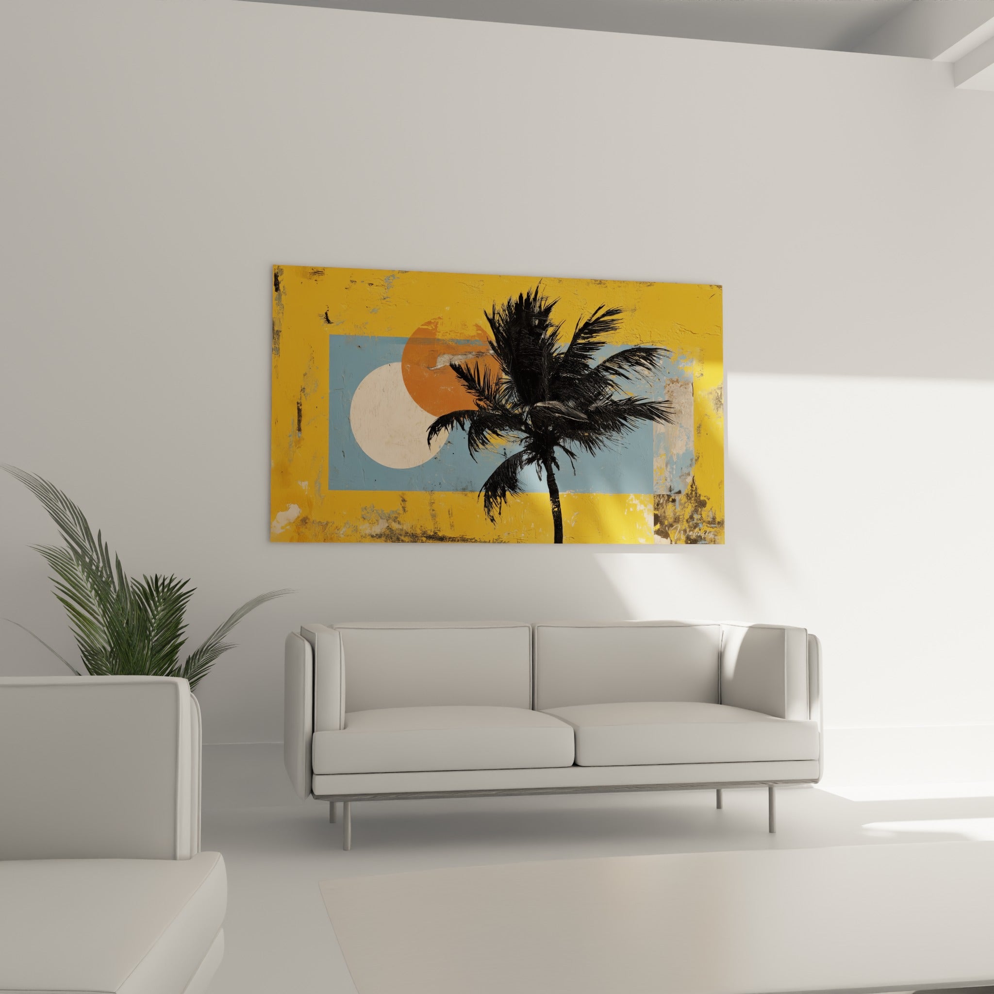 Palmier noir sur fond ocre et bleu pastel disposé au-dessus d'un canapé dans un salon lumineux