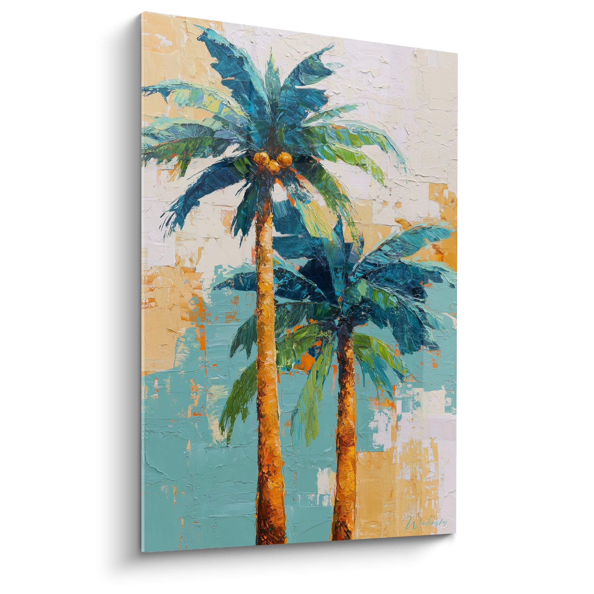 Palmiers ocre et bleu pétrole peints au couteau, troncs dorés et noix de coco jaunes sur fond turquoise