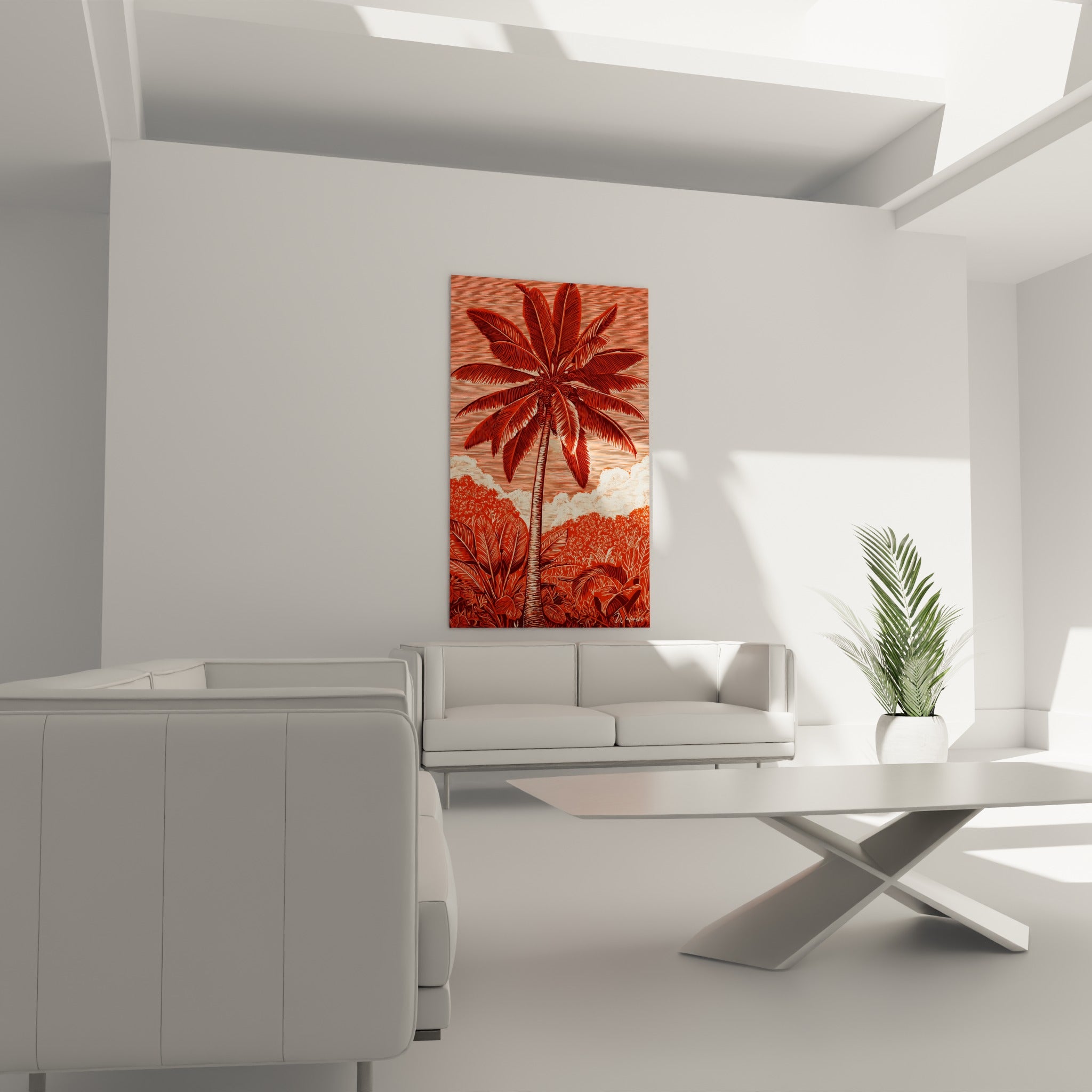 Silhouette élancée d'un palmier ocre et rouge terracotta au-dessus d'un canapé dans un salon lumineux