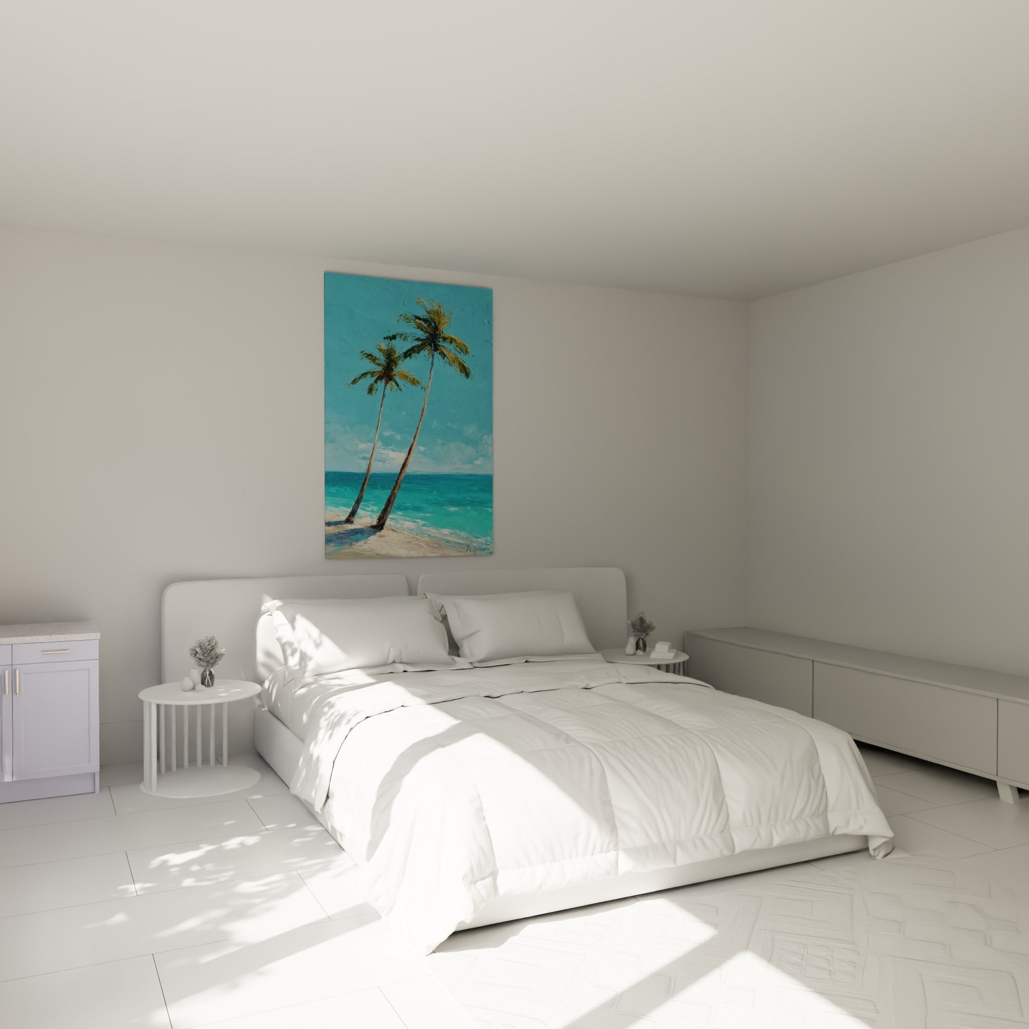 Palmiers inclinés turquoise et sable accrochés au-dessus d'un lit dans une chambre claire