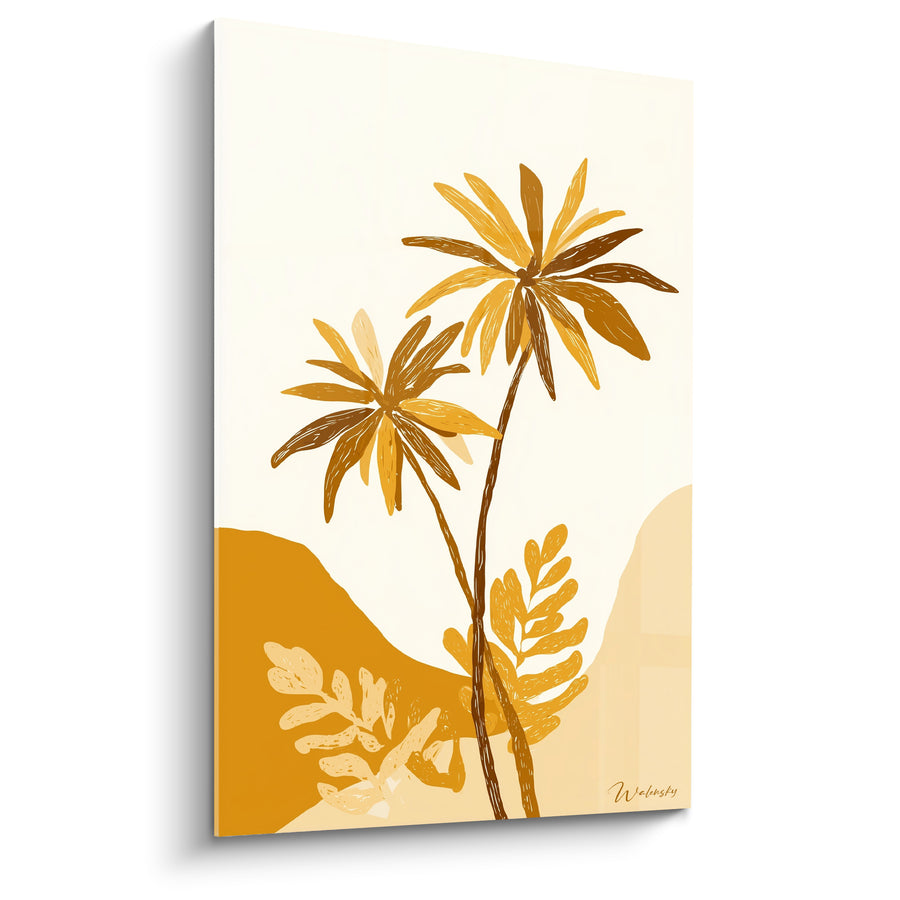 Tableau Palmiers illustrés ocre et brun aux frondes graphiques - Fougères stylisées jumelles - Edition Palmier
