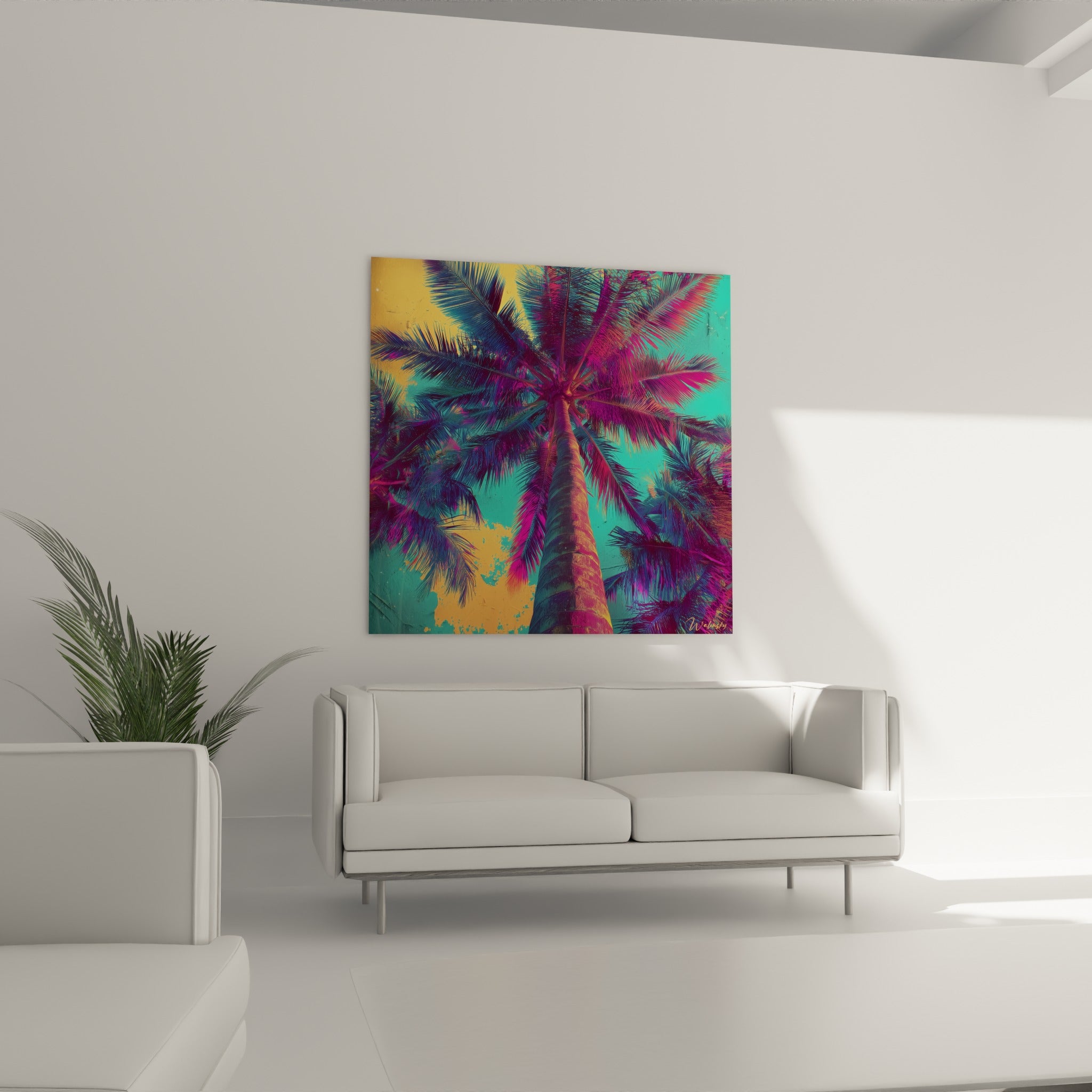 Palmier tropical magenta et doré disposé au-dessus d'un canapé dans un salon lumineux
