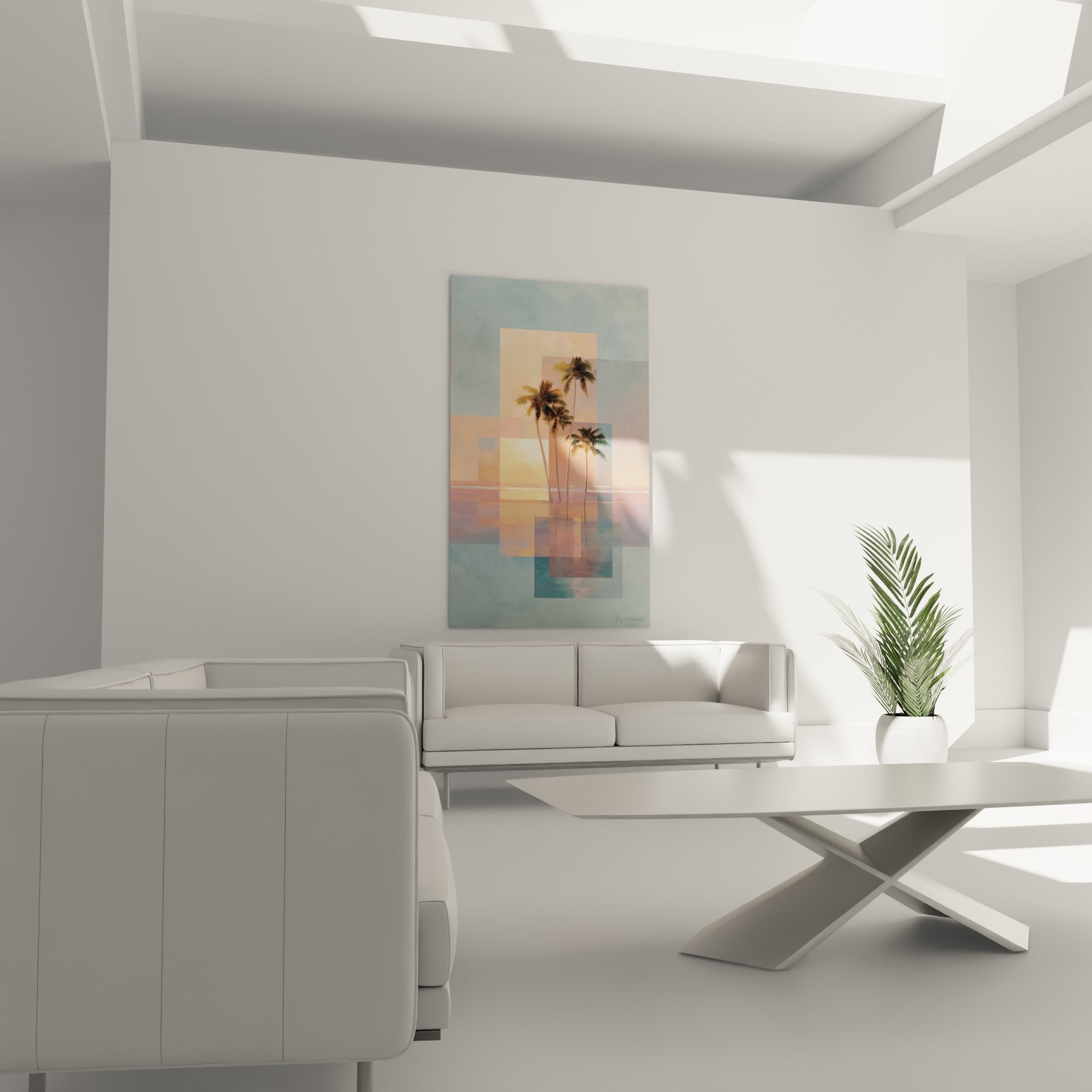 Silhouettes de palmiers sombres sur horizon doré et bleu pastel, au-dessus d'un canapé dans un salon lumineux