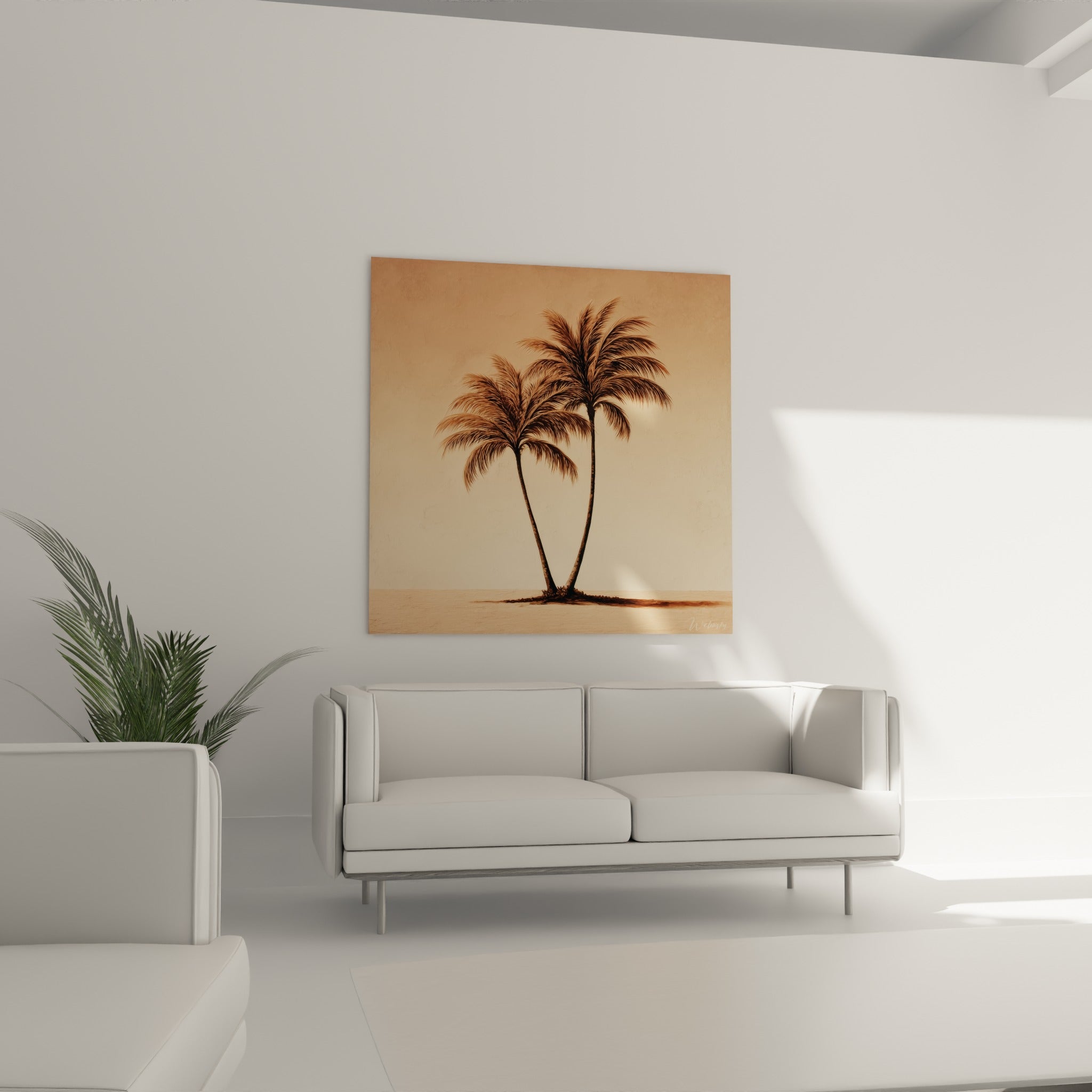 Troncs de palmiers entrecroisés en brun sur fond beige doux, au-dessus d'un canapé dans un salon lumineux