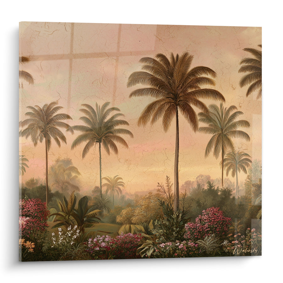 Tableau Palmiers brun et rose sur massif fleuri - Jardin botanique ancien - Edition Palmier