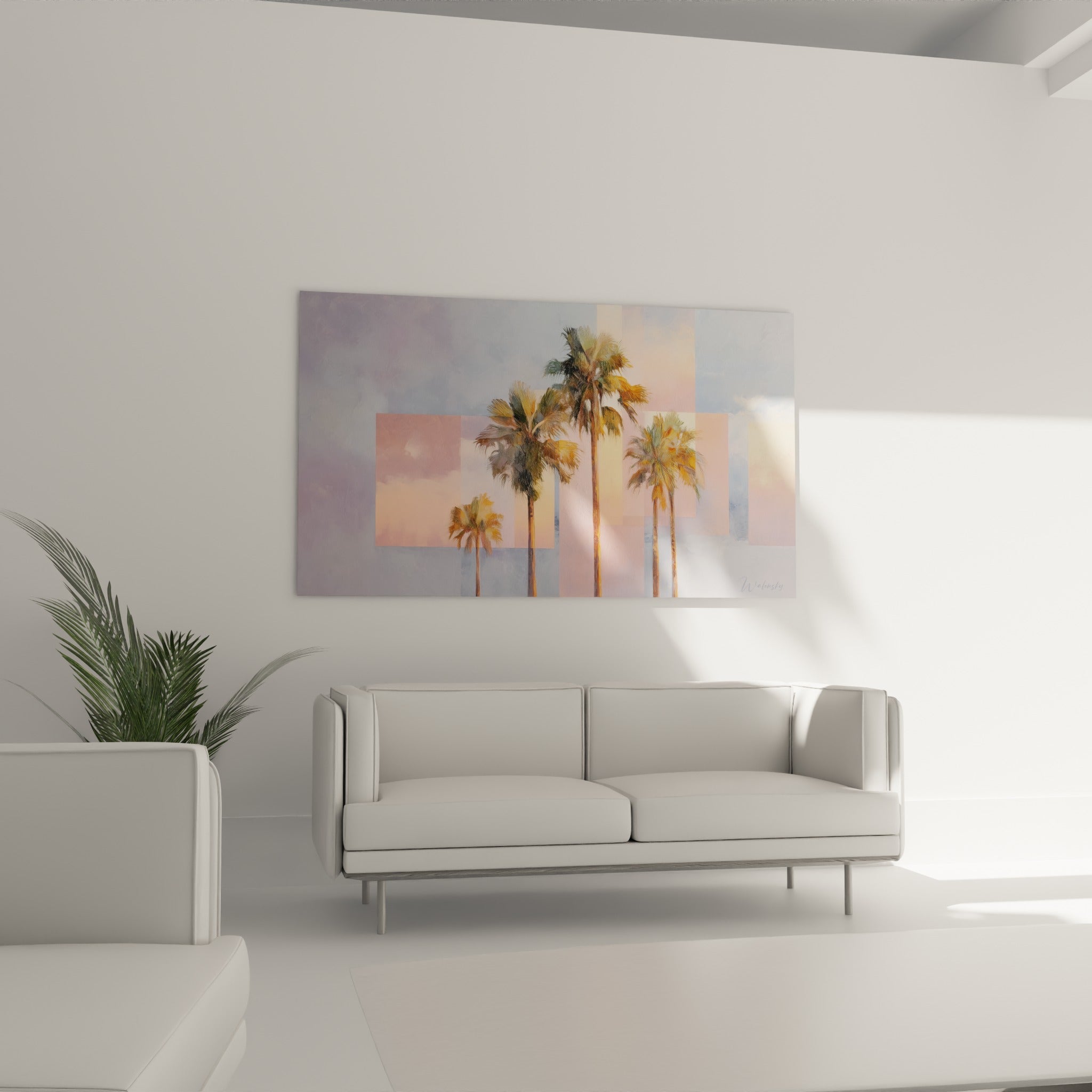 Silhouettes de palmiers dorés et roses accrochées au-dessus d'un canapé dans un salon lumineux