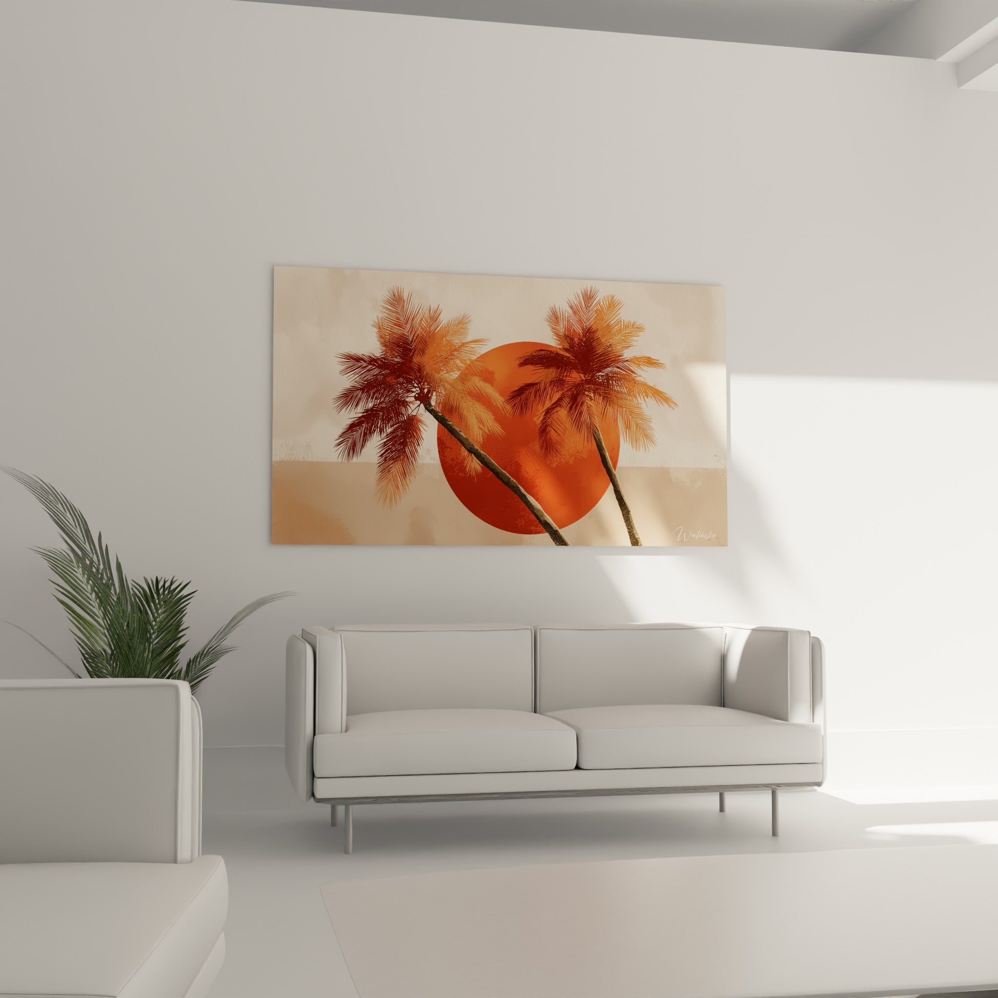 Silhouettes de palmiers brun rouge et rond orange brûlé au-dessus d'un canapé dans un salon lumineux