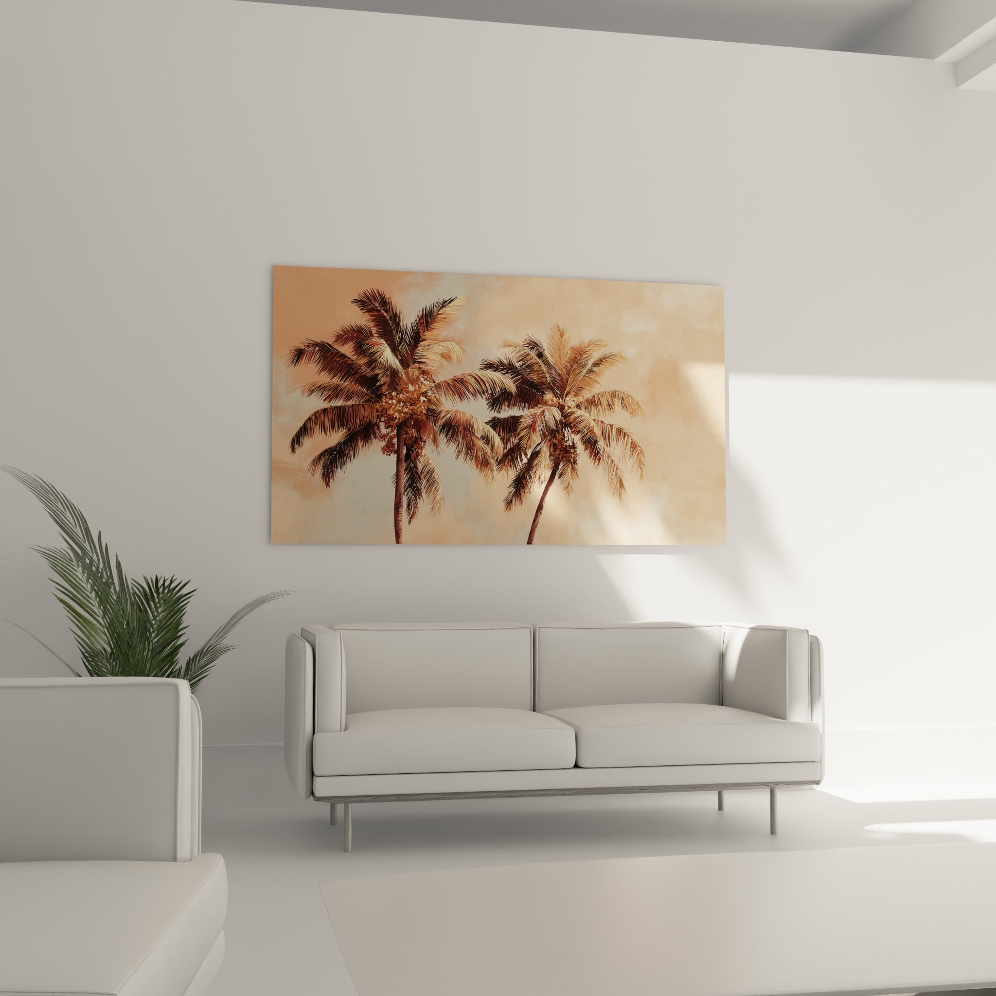 Palmiers anthracite et terracotta déployés, œuvre suspendue au-dessus d'un canapé dans un salon lumineux