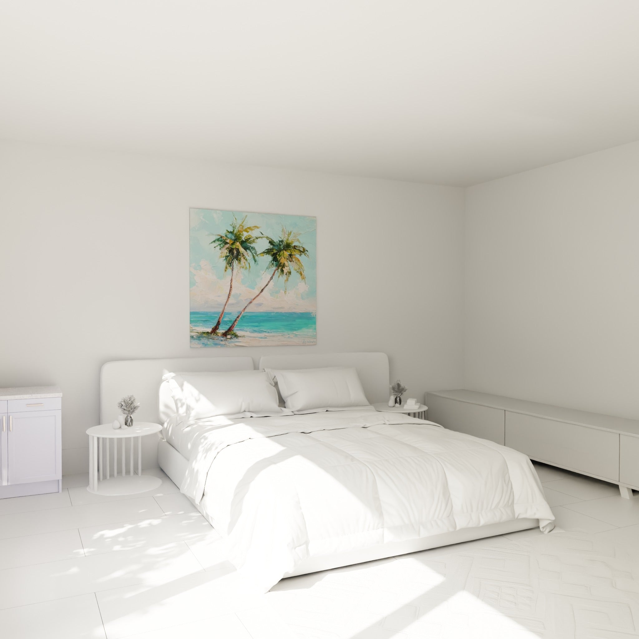 Deux palmiers ocre et turquoise se courbent au-dessus d'un lit dans une chambre claire