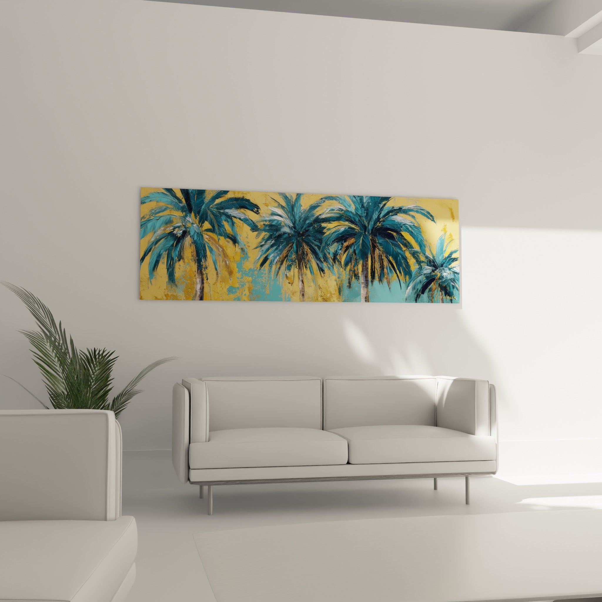 Palmiers turquoise et ocre en larges empâtements accrochés au-dessus d'un canapé dans un salon lumineux