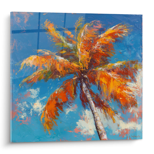 Tableau Palmier orange et bleu vu du sol - Nuages blancs texturés - Edition Palmier
