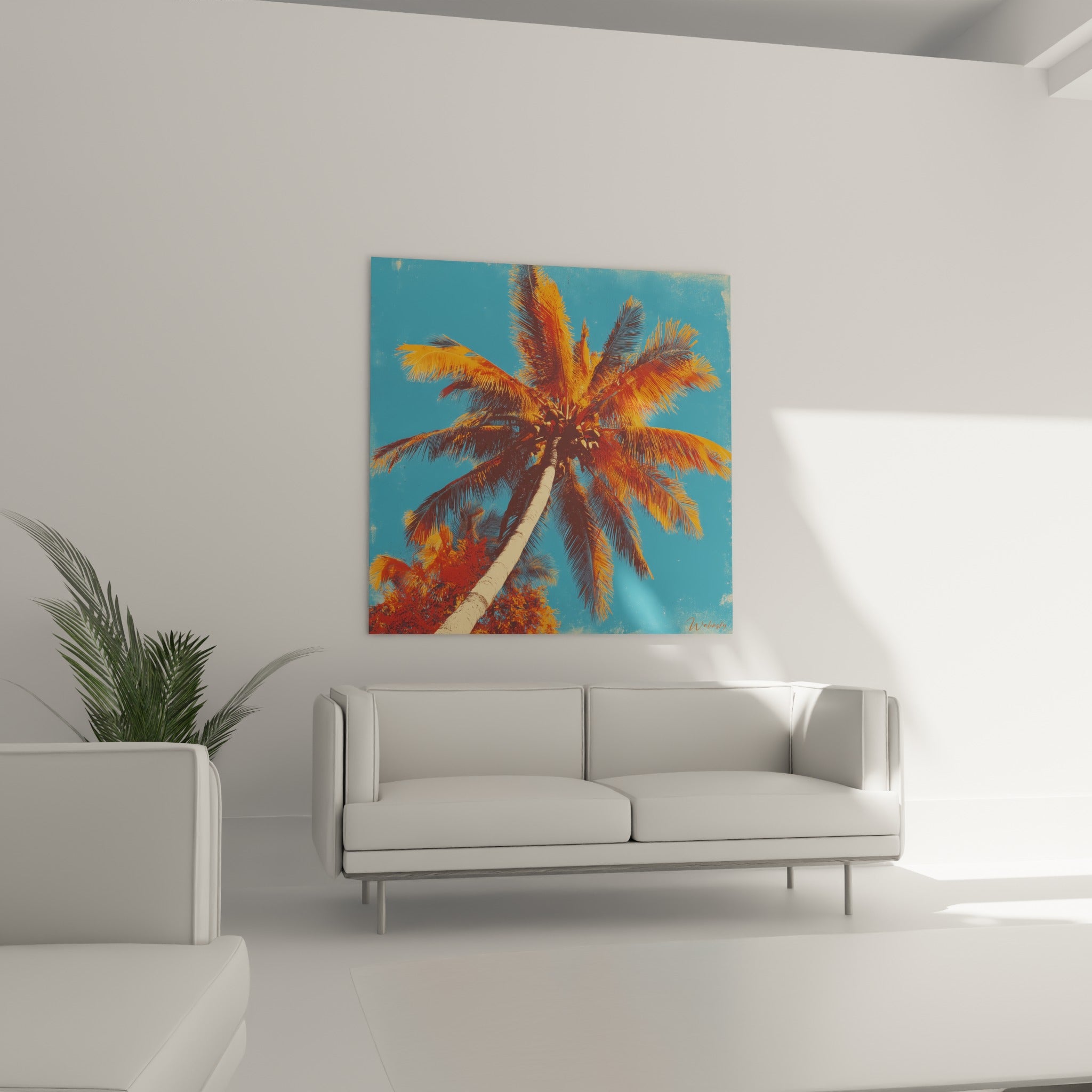 Feuillage flamboyant du palmier entre orange vif et brun profond, accroché au-dessus d'un canapé dans un salon lumineux
