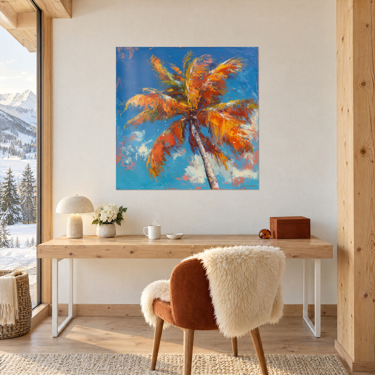 Cuadro palmera flamígera al óleo, cielo azul cobalto y hojas mandarina, colgado encima de un escritorio de madera clara
