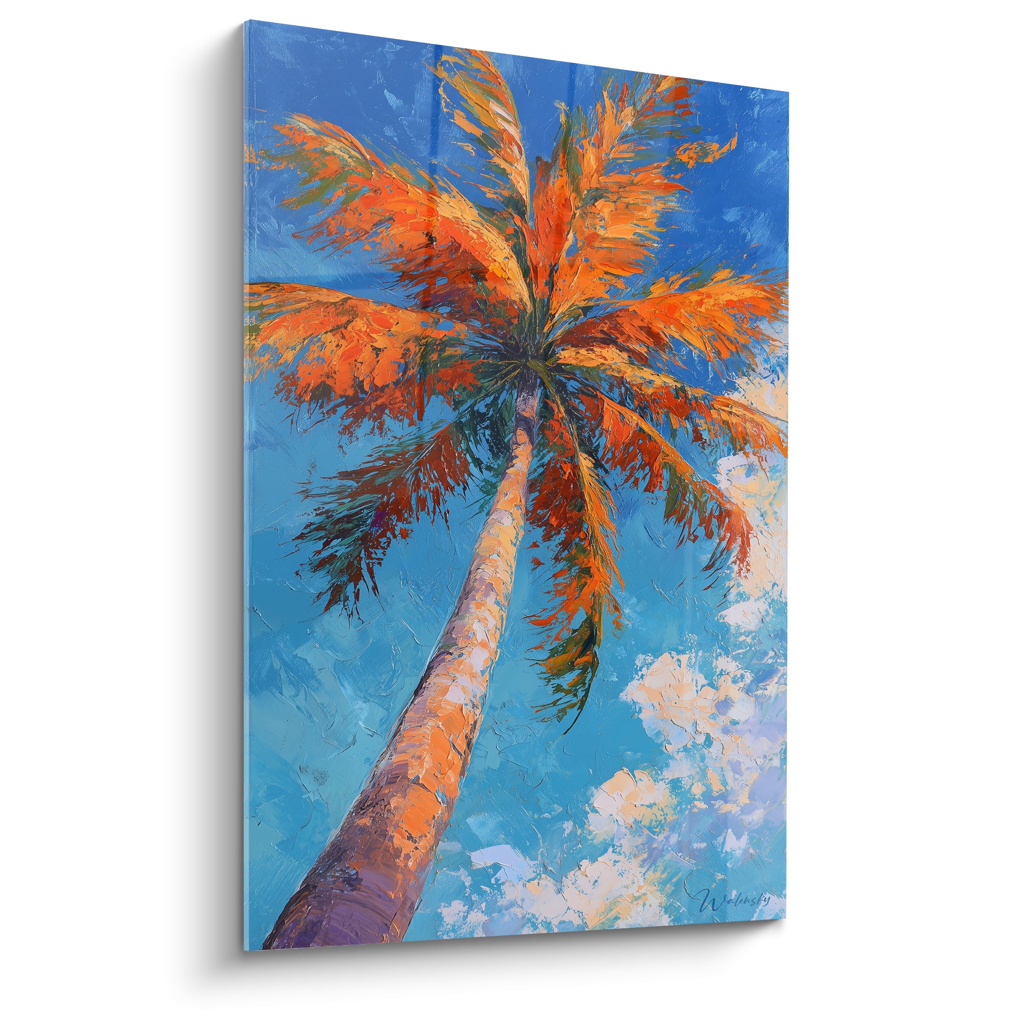 Palmier orangé vu du sol vers un ciel bleu éclatant, feuilles peintes au couteau en touches épaisses