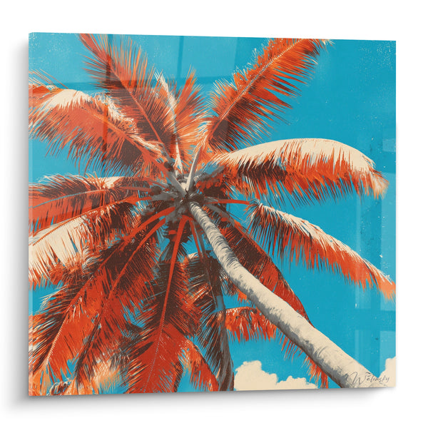 Tableau Palmier orange et bleu turquoise tronc incliné - Nuages blancs bas - Edition Palmier