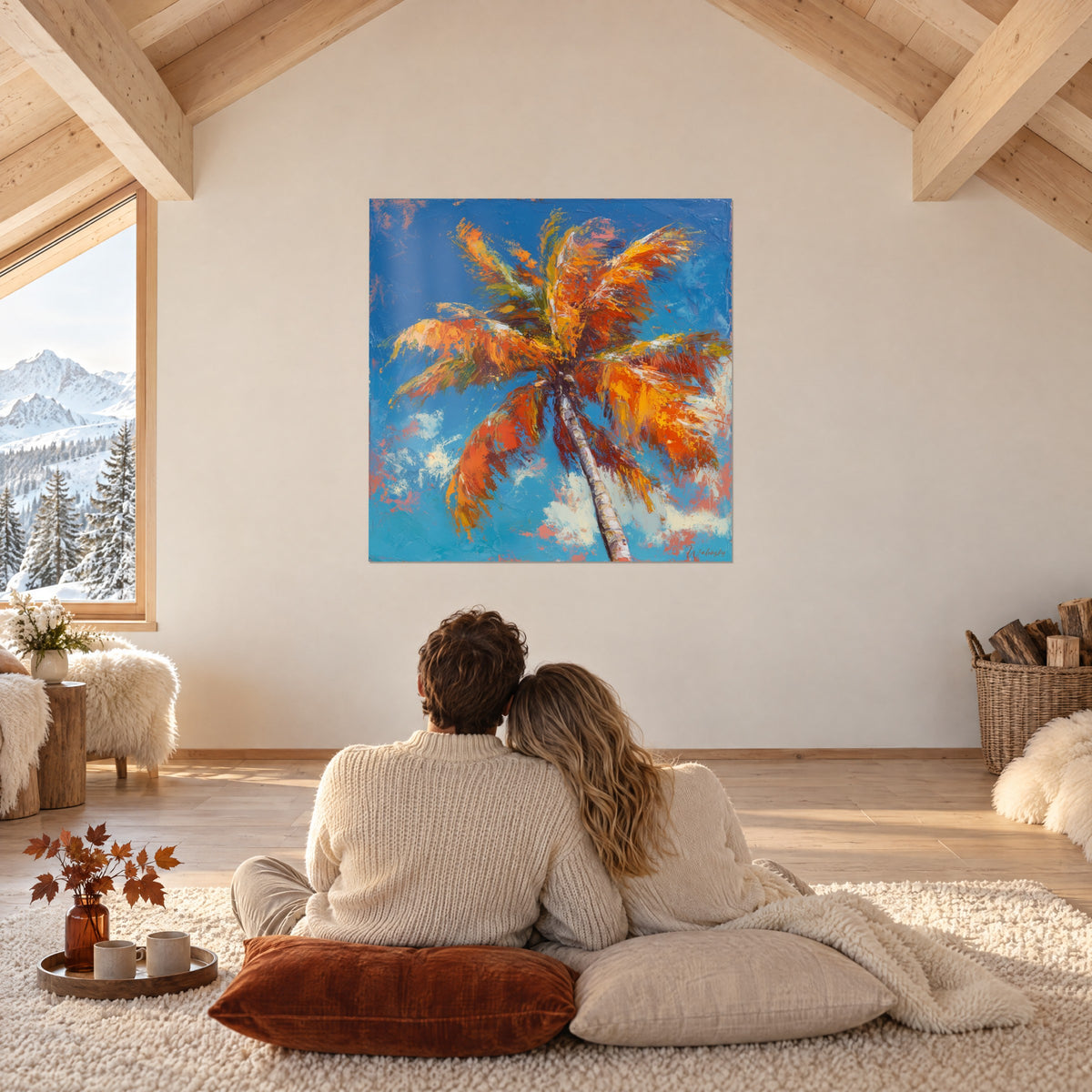 Cuadro paisaje tropical solar, frondas anaranjadas sobre fondo turquesa, contemplado por una pareja abrazada de espaldas junto al ventanal