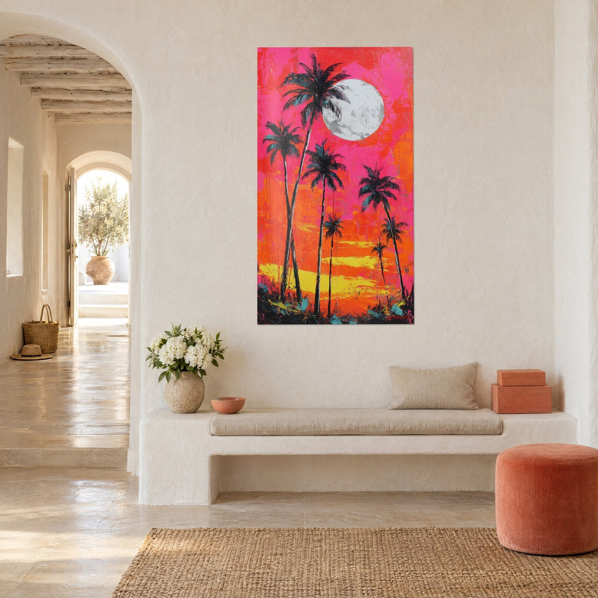 Wall art electric dusk, slender palm silhouettes against a fuchsia and orange sky, yellow stripes, white vaulted alcove in three-quarter view